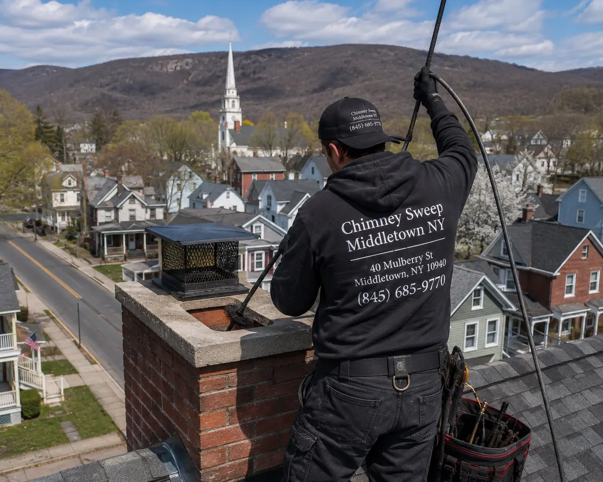 Technician brushing a chimney flue above a village street in Bloomingburg, New York