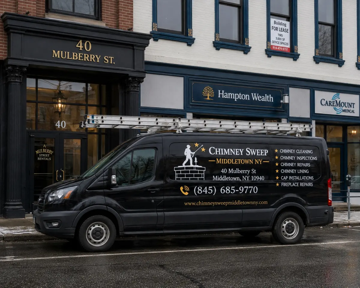 Chimney Sweep Middletown NY service van outside 40 Mulberry Street
