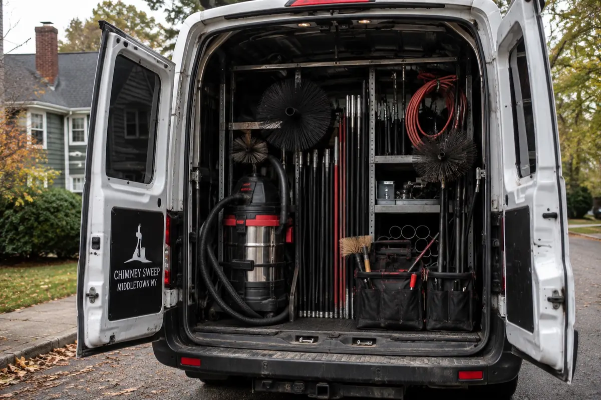 Chimney brushes, rods and a vacuum stored in the back of the service van