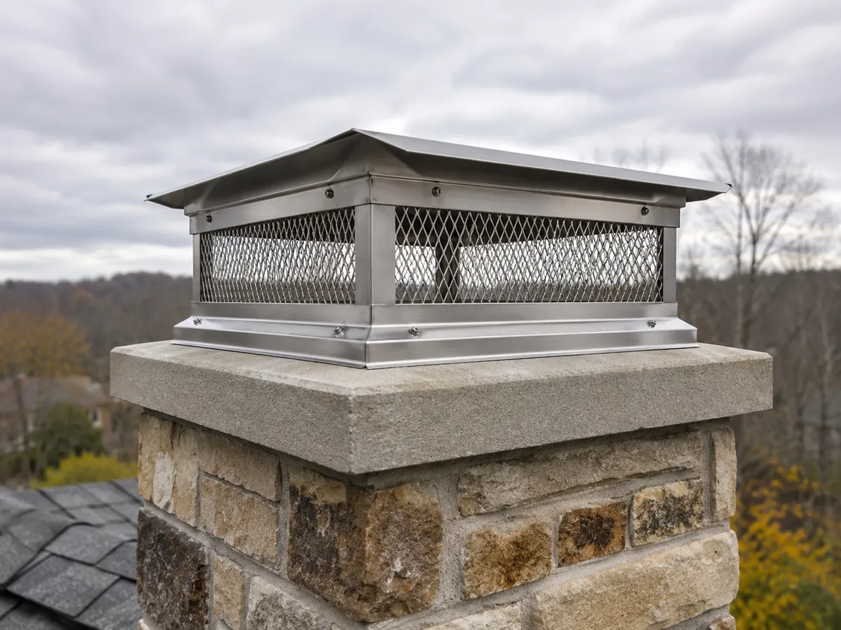 Newly installed stainless steel chimney cap with mesh sides on a stone chimney crown
